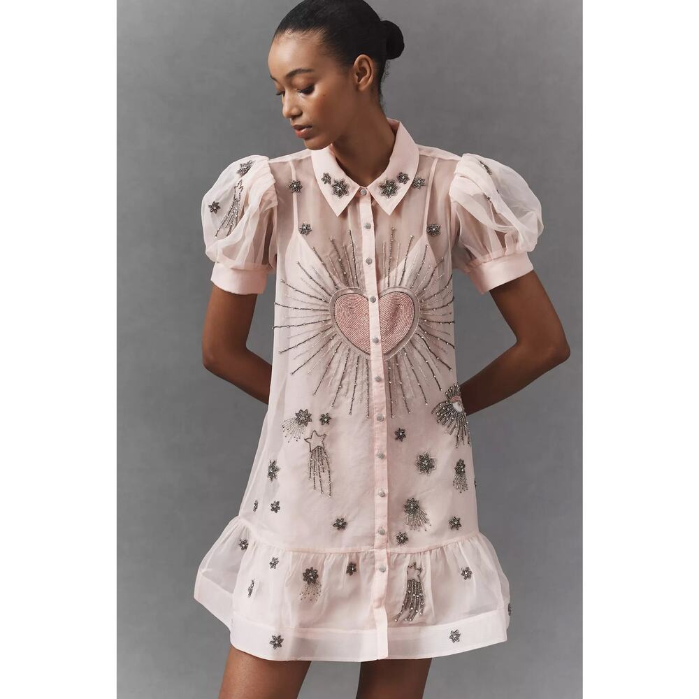 nwt ANTHROPOLOGIE MAEVE sz S Short-Sleeve Embellished Shirt Dress